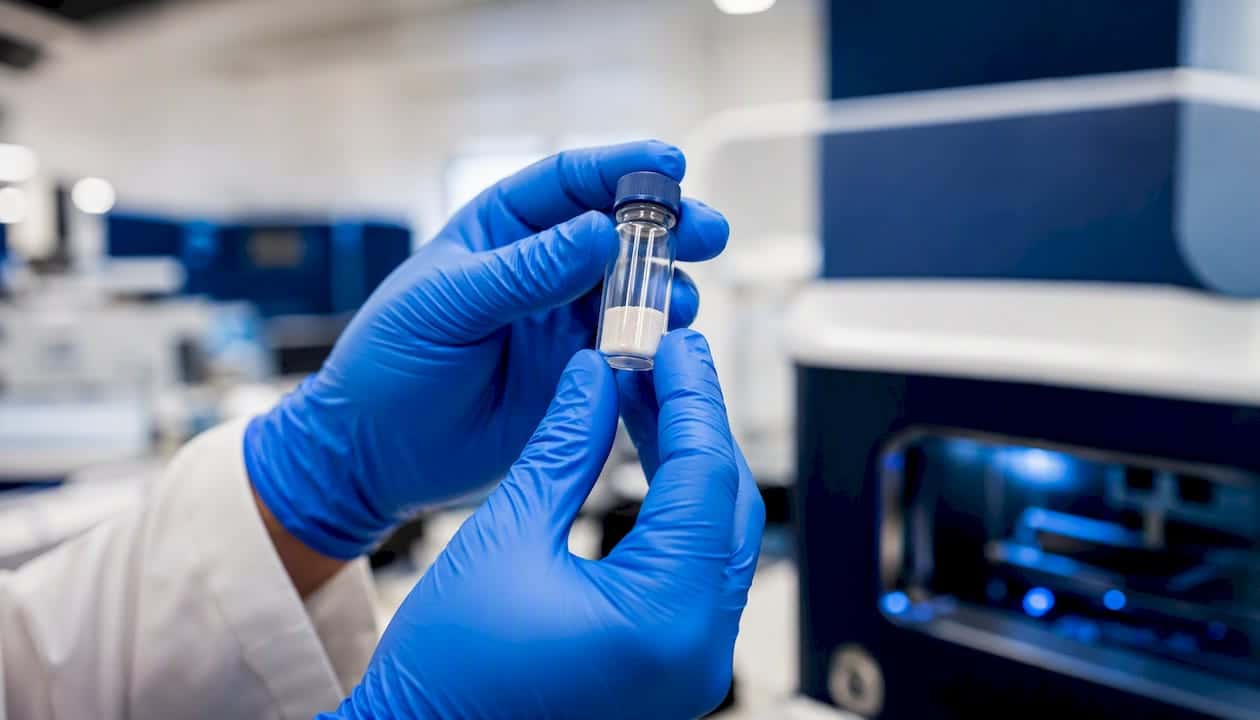 Hands holding research peptide vial in lab