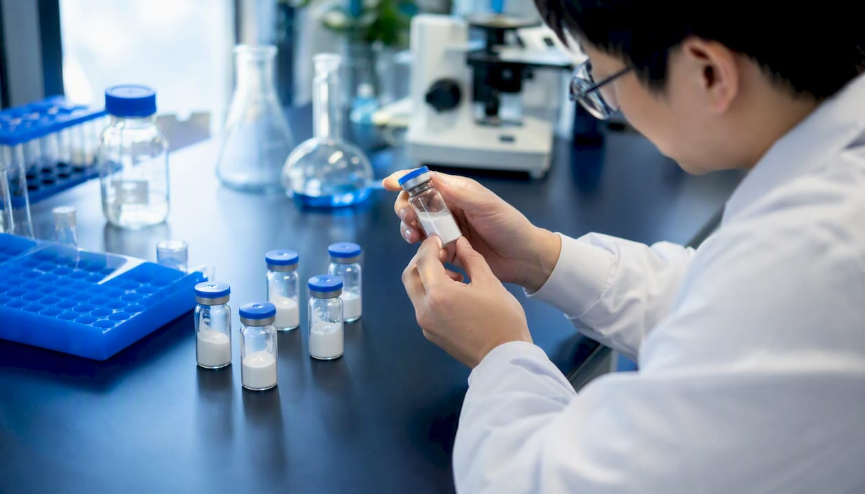 Hands inspecting peptide vials in lab