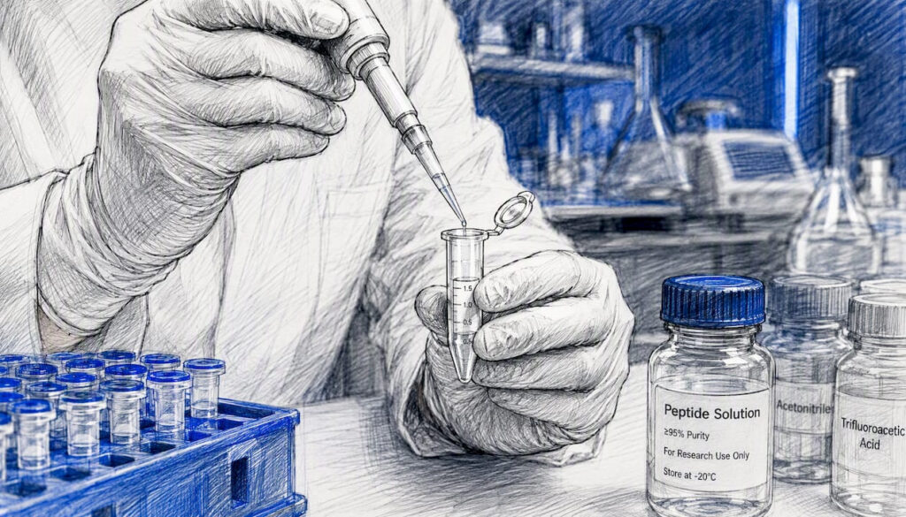 Hands pipetting peptide solution in lab