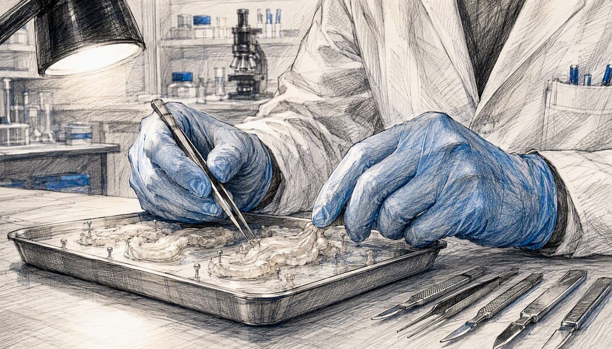 Gloved hands holding intestinal tissue sample