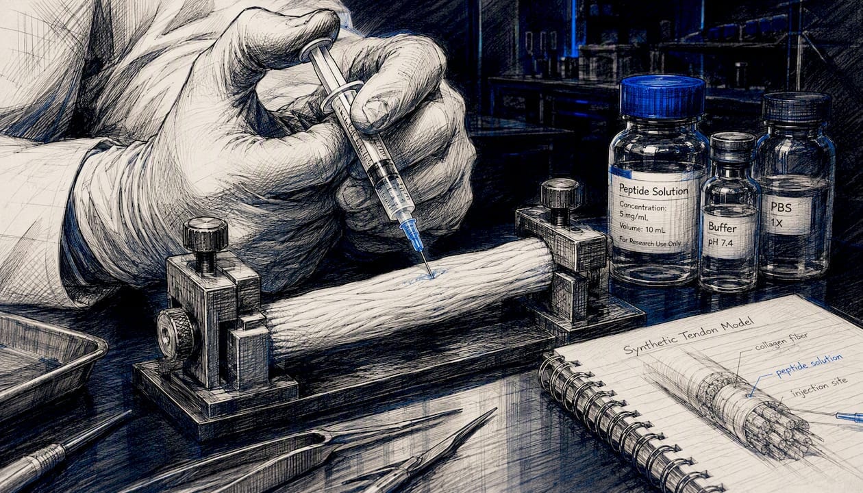 Gloved hand injecting peptide into tendon model
