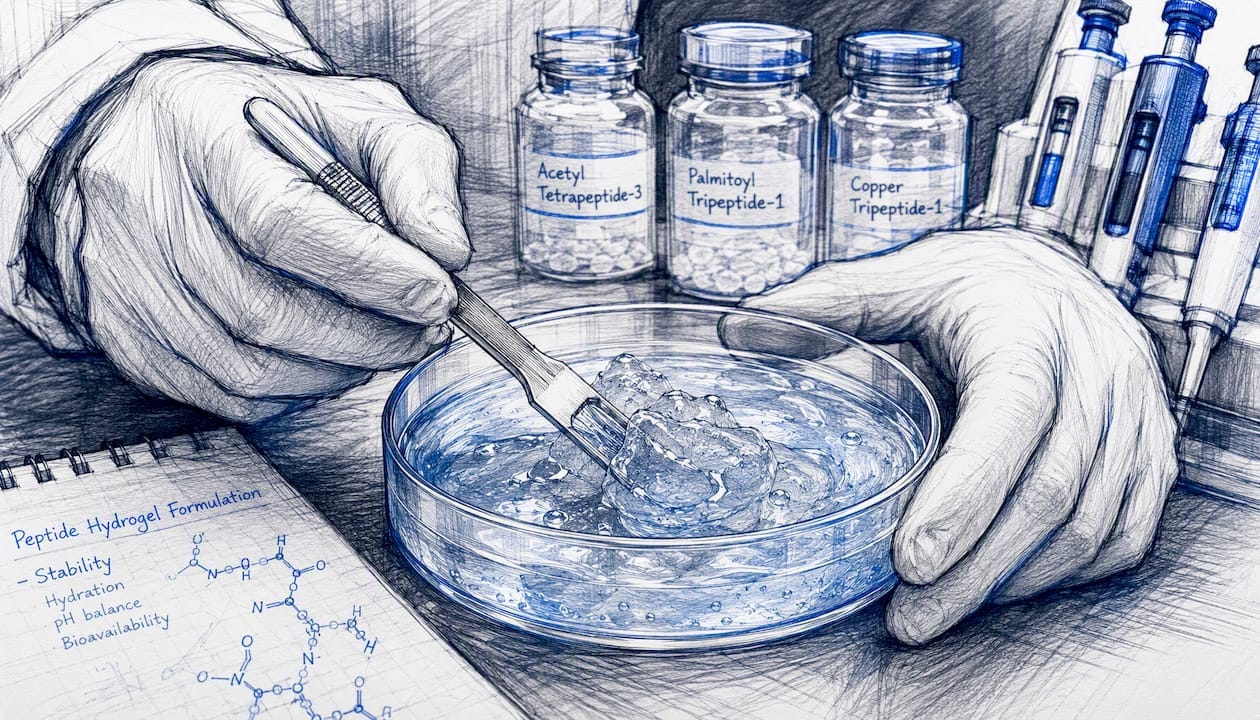 Hands mixing peptide-loaded hydrogel in petri dish