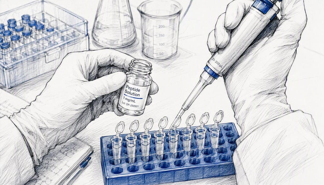 Hands pipetting peptide solution in lab
