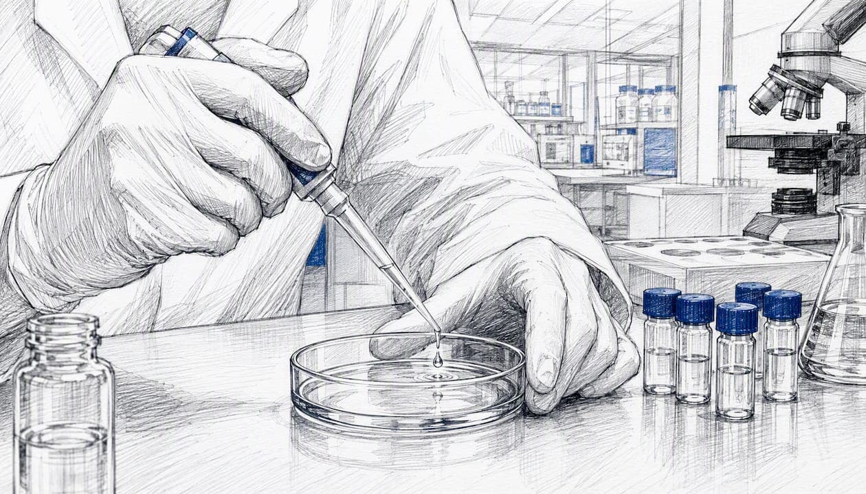 Hands pipetting synthetic peptide in lab