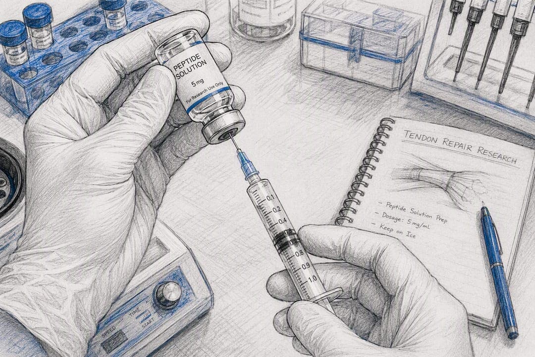 Hands drawing peptide solution into syringe for tendon repair