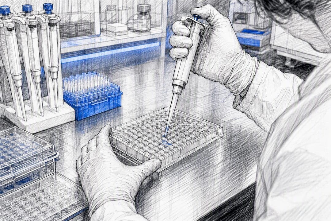 Hands pipetting GLP-1 peptide into assay plate