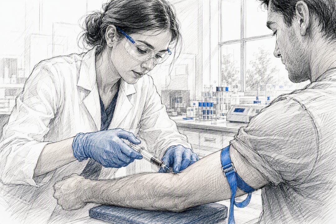 Technician drawing blood for pharmacokinetics study