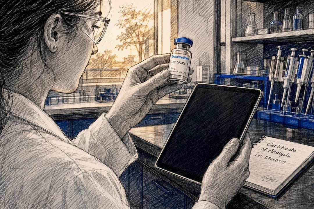 Scientist verifying peptide vial and COA