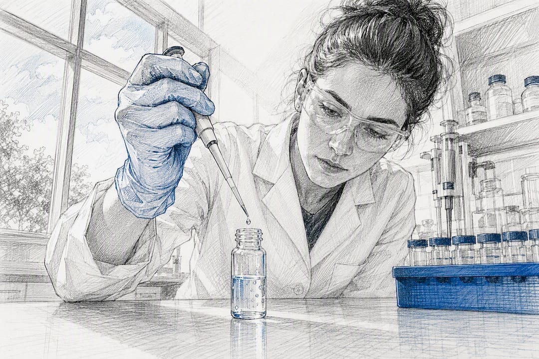 Pipetting peptide solution into vial in lab