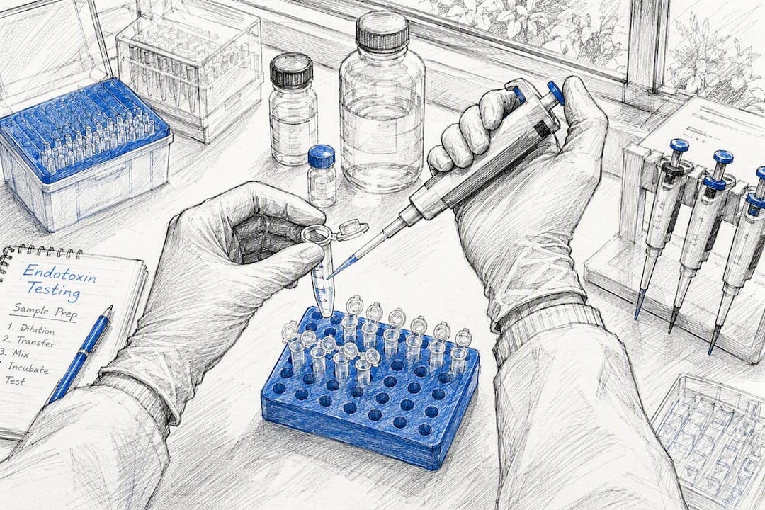Gloved hands preparing endotoxin test samples