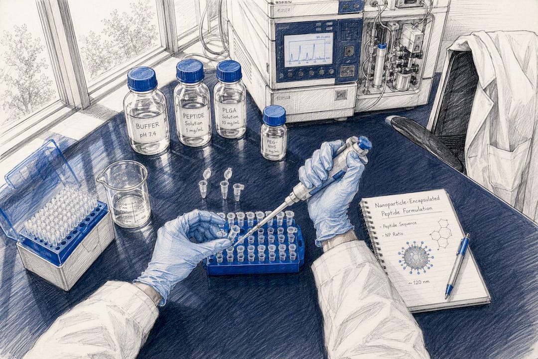 Hands preparing nanoparticle peptide formulation