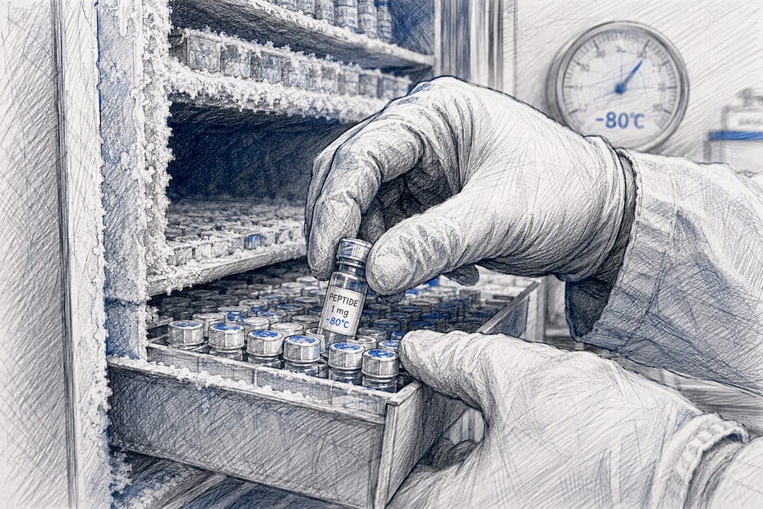 Gloved hands placing peptide vials in ultra-low freezer