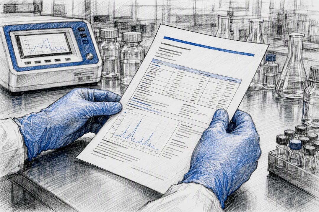 Gloved hands inspecting peptide certificate of analysis