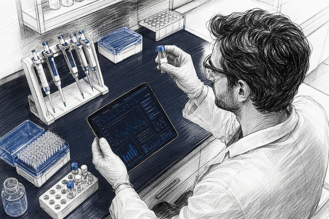 Technician inspecting peptide vial and tablet