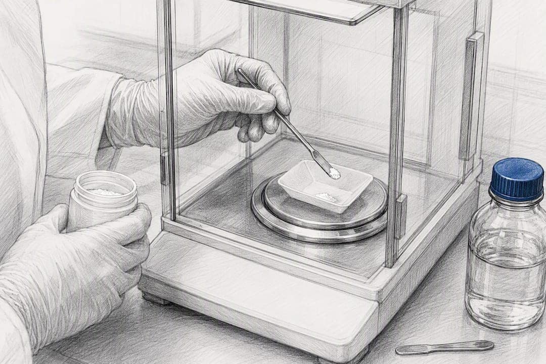 Gloved researcher weighing peptide powder