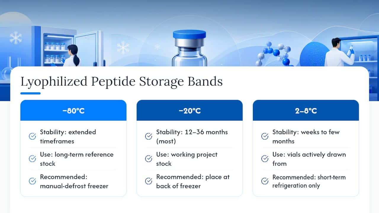Peptide storage temperature and shelf life bands