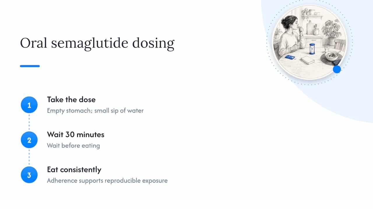 Oral semaglutide dosing sequence and wait time