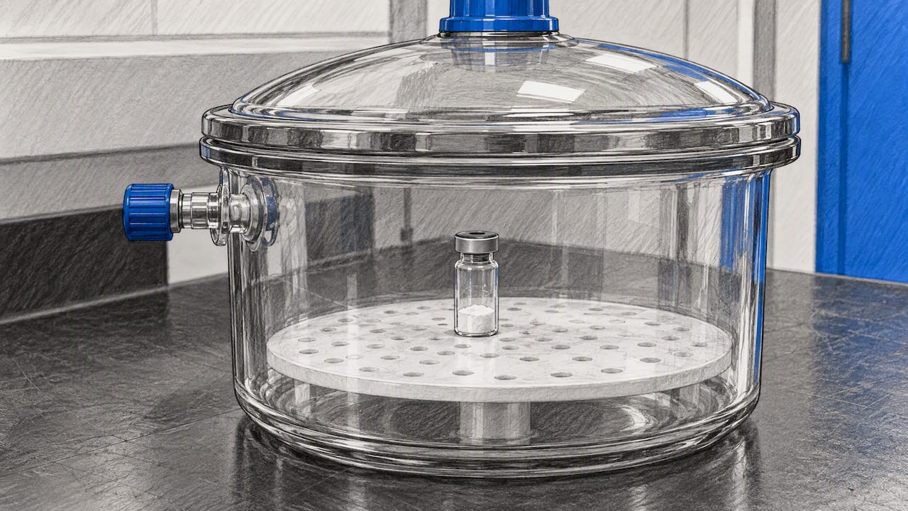 Lyophilized vial inside a laboratory desiccator
